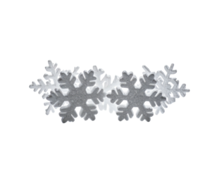 Several white, sparkly snowflakes arranged in a partial arch against a black backdrop