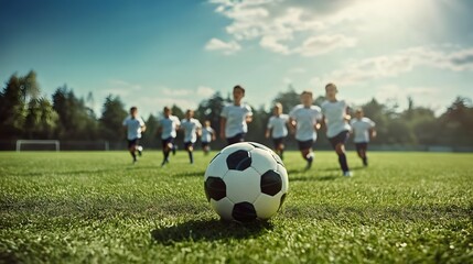 School children practicing�football�on a field.