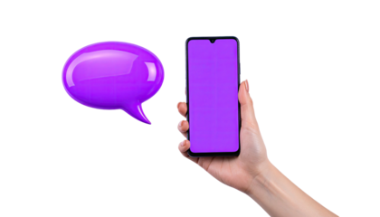 A hand holds a phone with a blank screen, alongside a purple speech bubble