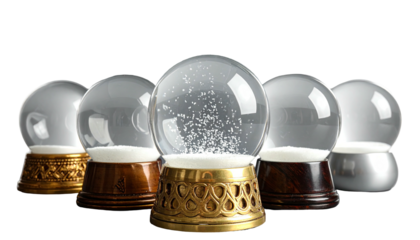 Five ornate glass orbs, some with snow, sit on detailed bases, black background