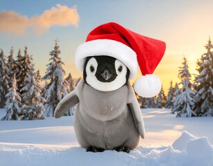 Cute penguin chick wearing a Santa hat in a snowy forest at sunrise