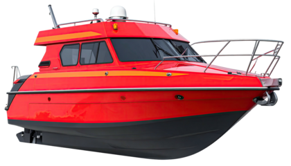 Bright red cabin cruiser boat with radar and railings, on gray background