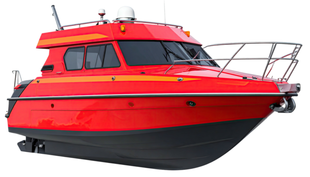 Bright red cabin cruiser boat with radar and railings, on gray background