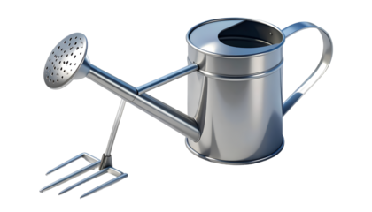 Hybrid Gardening Tool Concept: Shiny Metal Watering Can Fused with a Garden Fork on a Clean Black Background, Symbolizing Innovation & Efficiency