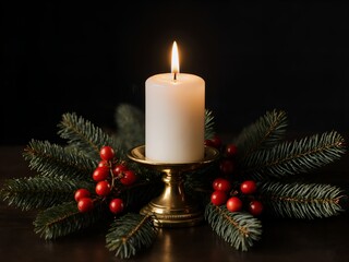 A single lit white candle in an elegant gold holder, surrounded by pine boughs and red berries. Soft, glowing light, traditional composition.