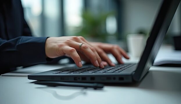 Professional hands actively typing on a modern laptop keyboard, conveying focus and productivity in a bright, contemporary office environment. - Powered by Adobe