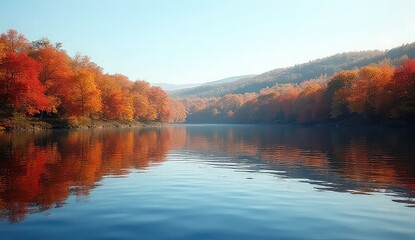 Vibrant autumn foliage blankets rolling hills reflecting in a serene, crystal-clear lake under a bright sky