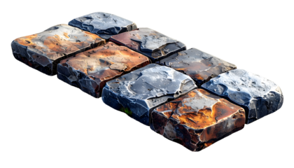 Ancient Textured Stone Tiles Isolated on Black. Rough Natural Cobblestone Grid with Rust and Grey Hues, Perfect for Backgrounds, Architectural Materials & Design Elements.