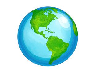 Cartoon illustration of Earth with visible continents in blue ocean and green land