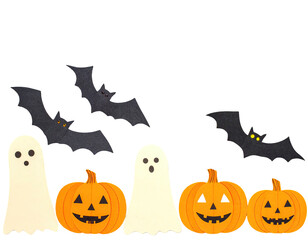 Halloween decoration, ghosts, pumpkins, and bats on a black background