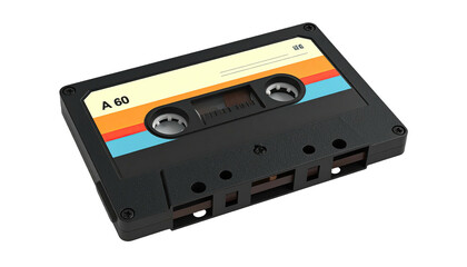 Fototapeta premium A vintage black cassette tape with colorful stripes and labels against a black background