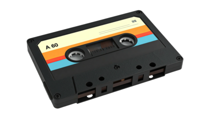 A vintage black cassette tape with colorful stripes and labels against a black background