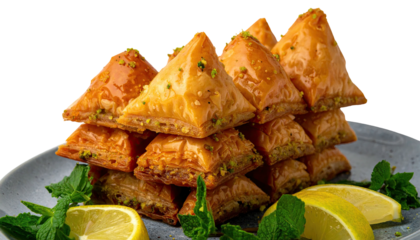 Stacked pyramid of golden, syrup-soaked pastries, garnished with pistachios, lemon, and mint