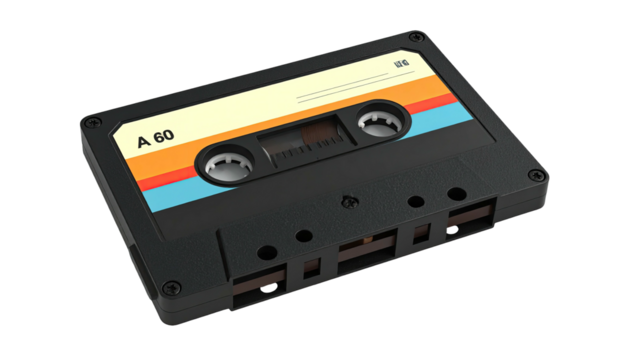 A vintage black cassette tape with colorful stripes and labels against a black background