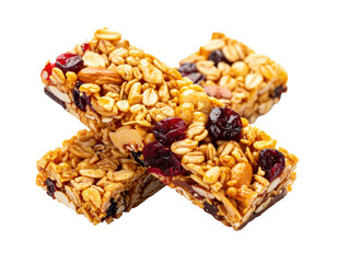 Two crunchy, crossed bars of oats, nuts, and dried berries against a black backdrop