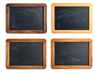 Four small chalkboards with wood frames, showing slight chalk residue
