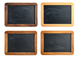 Four small chalkboards with wood frames, showing slight chalk residue