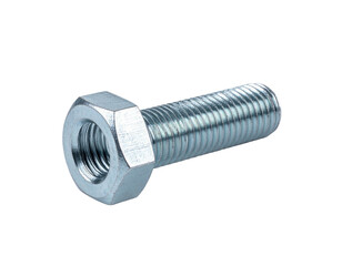 Shiny metal bolt with hexagonal head and threaded shaft, isolated on black