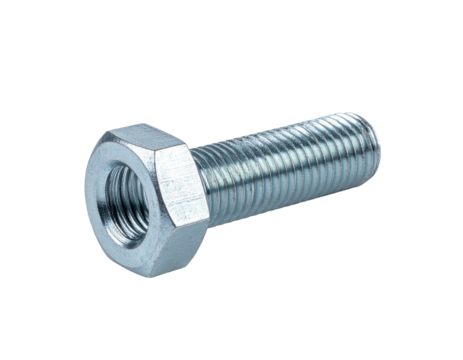 Shiny metal bolt with hexagonal head and threaded shaft, isolated on black