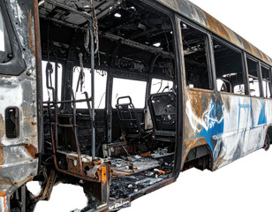 Damaged vehicle interior, showcasing a charred and destroyed bus, exterior visible