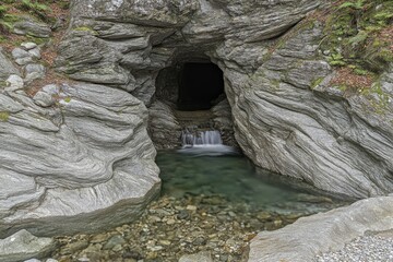 Rocky cave opening to a small waterfall and pool