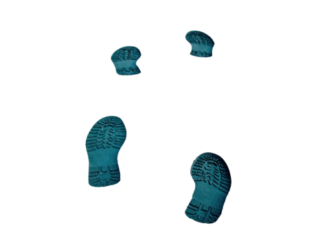 Four cyan-colored footprints on a black background, showing treads, hinting at movement