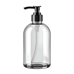 Obraz premium Clear, glossy, rounded glass dispenser with black pump and tube, isolated on black background