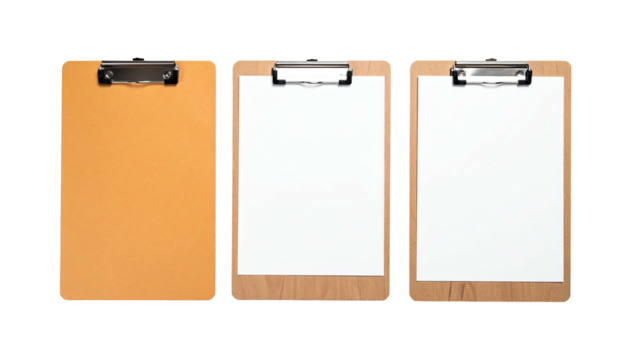 Three clipboards on a black background, one empty, two holding blank white paper