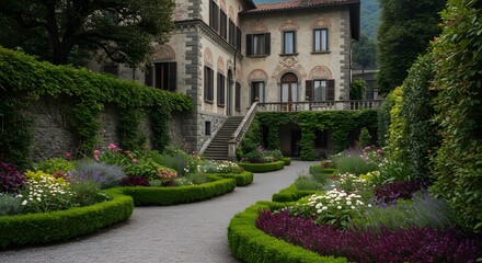 Obraz premium Elegant garden surrounding historic mansion