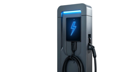 An electric car charger station with a blue illuminated lightning bolt on a screen