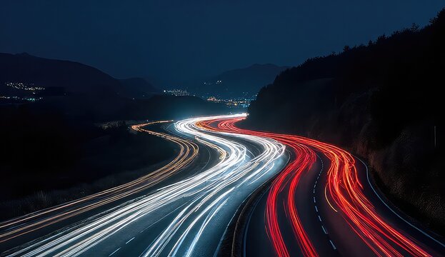Experience the dynamic rush of vibrant city lights and endless movement on a winding highway at night, capturing the essence of modern travel and progress.