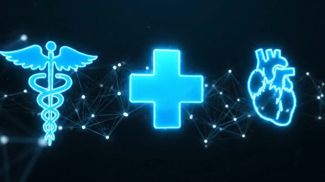 Blue Medical Symbols Plus Sign and Heart Animation on Dark Background with Connected Dots Digital Network Concept for Healthcare Promotion