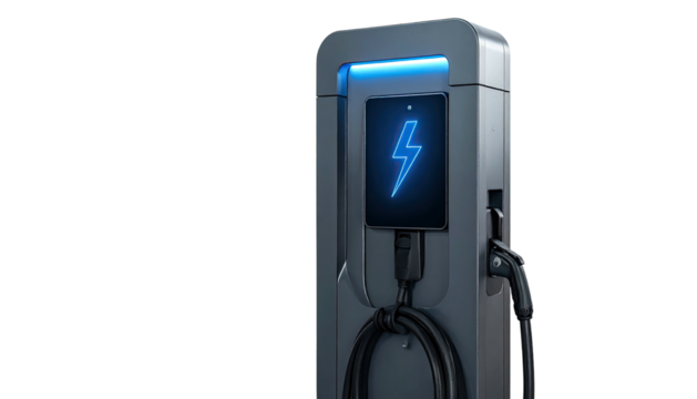An electric car charger station with a blue illuminated lightning bolt on a screen