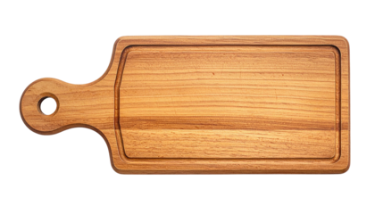 Wooden cutting board with a handle and groove, on a dark background