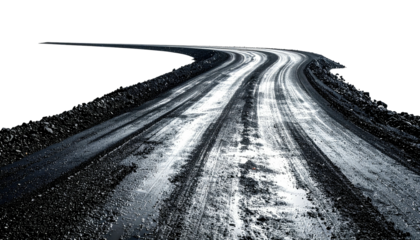 Winding asphalt road with tire tracks under an ominous sky, edges