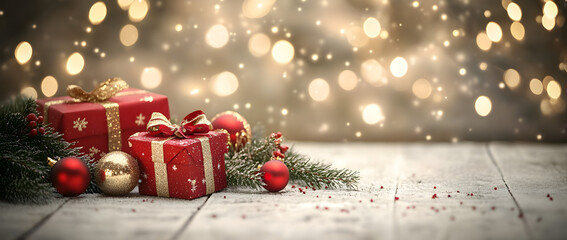 Christmas background with red and gold gifts, ornaments, fir branches on a white wooden table with bokeh lights of garland decoration