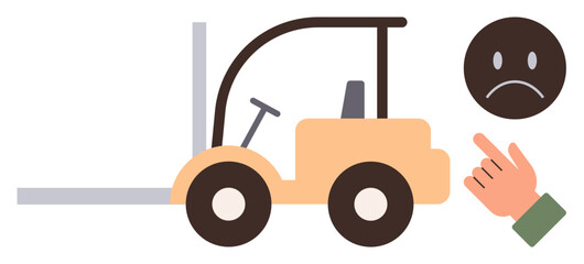 Forklift in motion next to a pointing hand and frowning face emphasizing workplace safety concerns and hazards. Ideal for logistics, safety awareness, risk prevention, and accident warnings. Simple