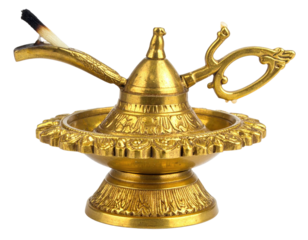 Golden, ornate incense burner with smoldering stick, floral design, and detailed handle