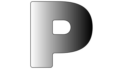 A grayscale letter p with a gradient from light to dark on a plain white background isolated