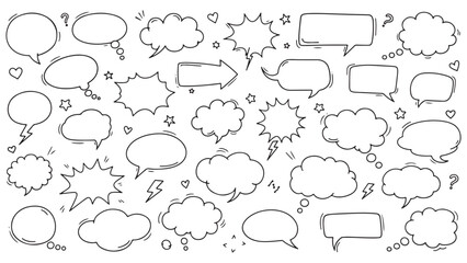 Obraz premium Line frame text speech bubble set. Line balloon frame design talk speech bubble frame. Comic japan style design conversation text dialog balloon, simple doodle thinking cloud. Vector illustration
