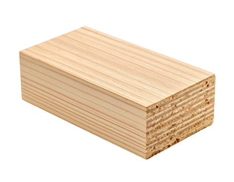 A rectangular block of layered wood, visible end grain, isolated on a black background
