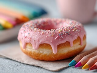 Doughnut and crayons on white background with pastel colors for social media post and copy space