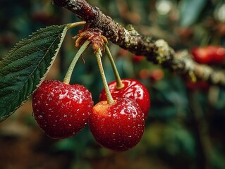Close-up of cherries hanging from branches in orchard with blurred green leaves and trees in soft focus background, red fruit standing out for freshness and natural beauty