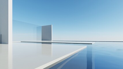 3d render of abstract modern geometry architecture with empty cement floor and water, Minimal white building with exterior pool against blue sky background © nuchao