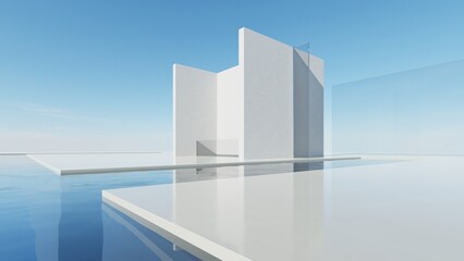 3d render of abstract modern geometry architecture with empty cement floor and water, Minimal white building with exterior pool against blue sky background