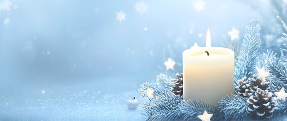 A soft blue background with a large, lit candle in the center, surrounded by Christmas decorations like small white stars and pine cones