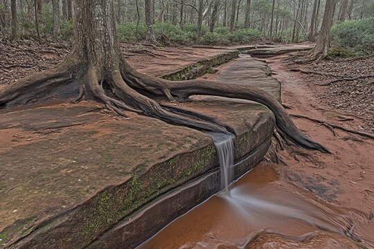 A stream flows through a rocky ravine, its roots intertwined