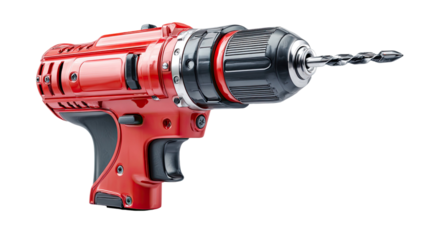 Electric drill with metal bit used for construction, woodworking, repair, and home improvement projects isolated on white background