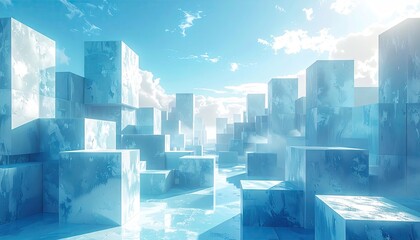 Abstract cityscape of geometric, crystalline structures rises towards a bright blue sky with soft, white clouds, creating a surreal, dreamy ambiance in shades of turquoise and ice.