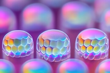 Close-up of iridescent, hexagonal droplets